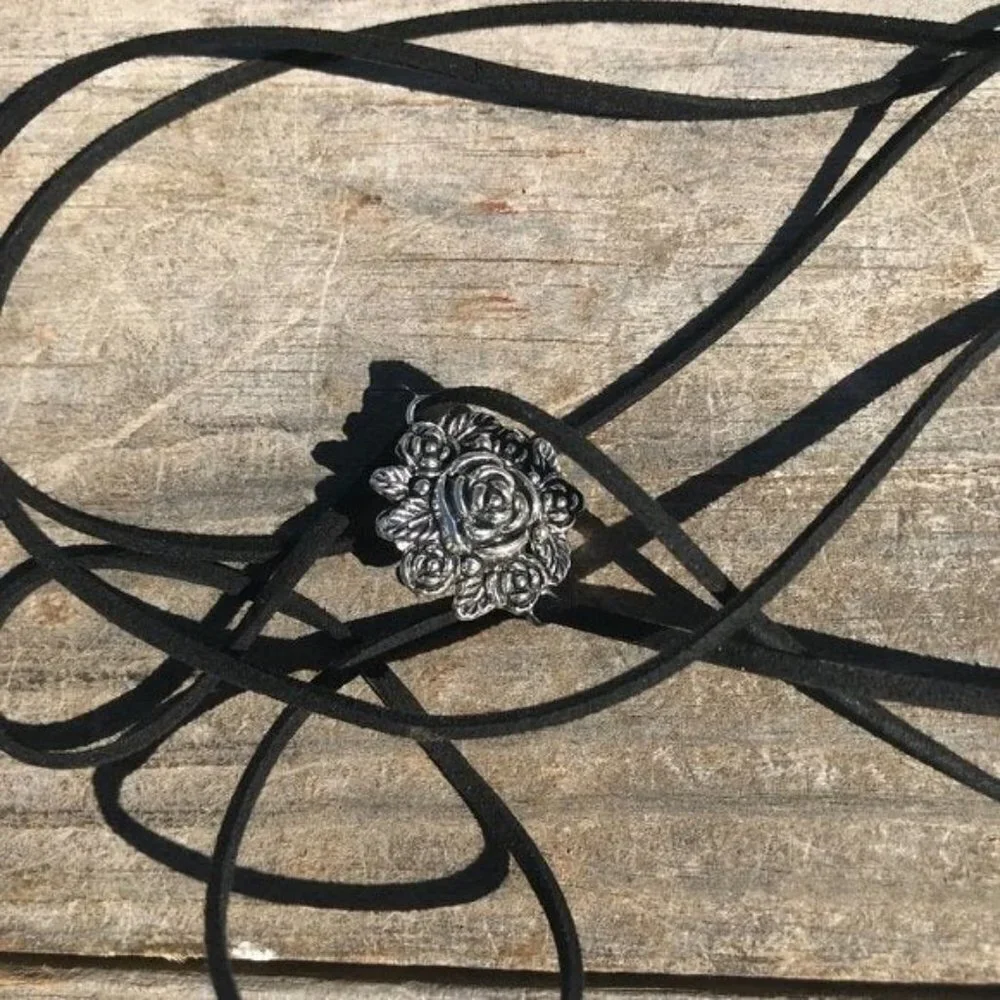 Tie Wrap Floral Rose Silver Bracelet Cuff Yoga Boho Biker Vegan Faux Leather - Picture 8 of 11